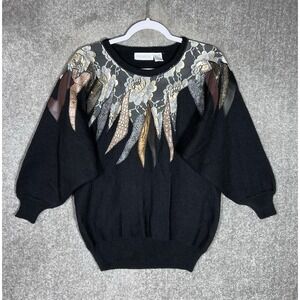 VTG 80s Premiere Editions Mixed Media Sweater Womens Sz XL Black 3/4 Puff Sleeve